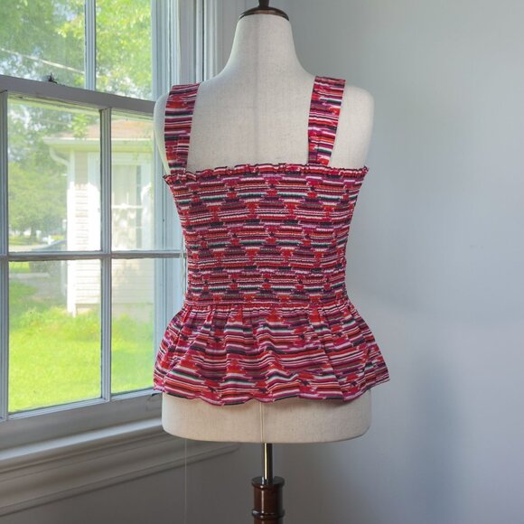 Loft Peplum Top Pink Striped Smocked Blouse 100% Cotton Dressy Casual Preppy Y2K - Picture 4 of 9